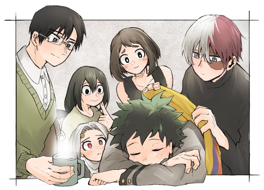 midoriya izuku, uraraka ochaco, todoroki shoto, asui tsuyu, iida tenya, and 1 more (boku no hero academia) drawn by liptooooon1224