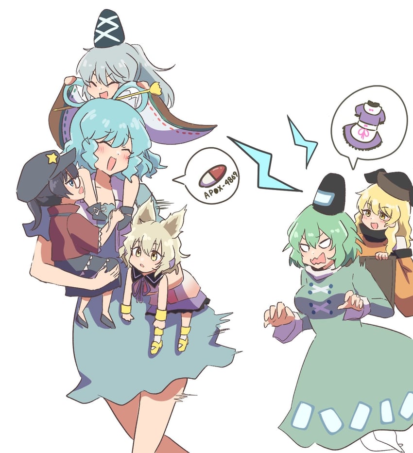 toyosatomimi no miko, mononobe no futo, kaku seiga, miyako yoshika, soga no tojiko, and 1 more (touhou and 1 more) drawn by momitoekk