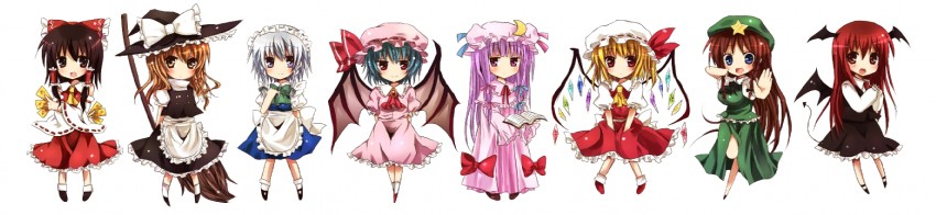 hakurei reimu, kirisame marisa, remilia scarlet, flandre scarlet, izayoi sakuya, and 2 more (touhou) drawn by hinase_haruka