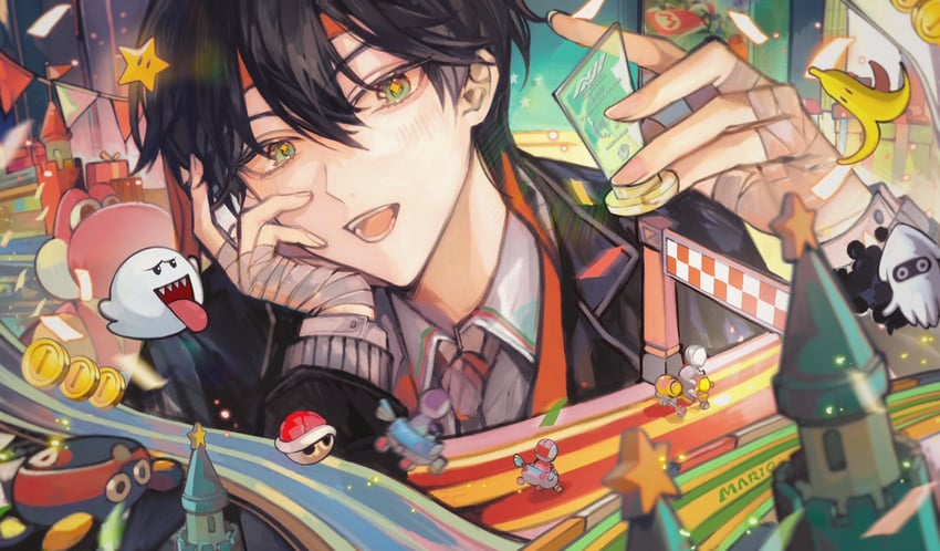 boo, yoshi, blooper, fushimi gaku, and red yoshi (nijisanji and 2 more) drawn by tsuta1218