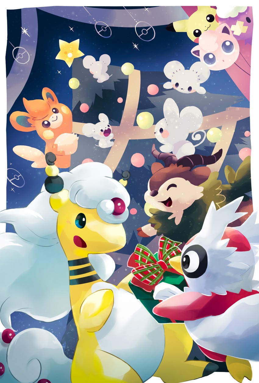pikachu, jigglypuff, drifloon, ampharos, pawmi, and 4 more (pokemon) drawn by toneko