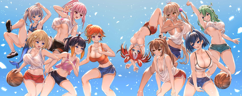gawr gura, mori calliope, ninomae ina'nis, ouro kronii, nanashi mumei, and 5 more (hololive and 1 more) drawn by honkivampy