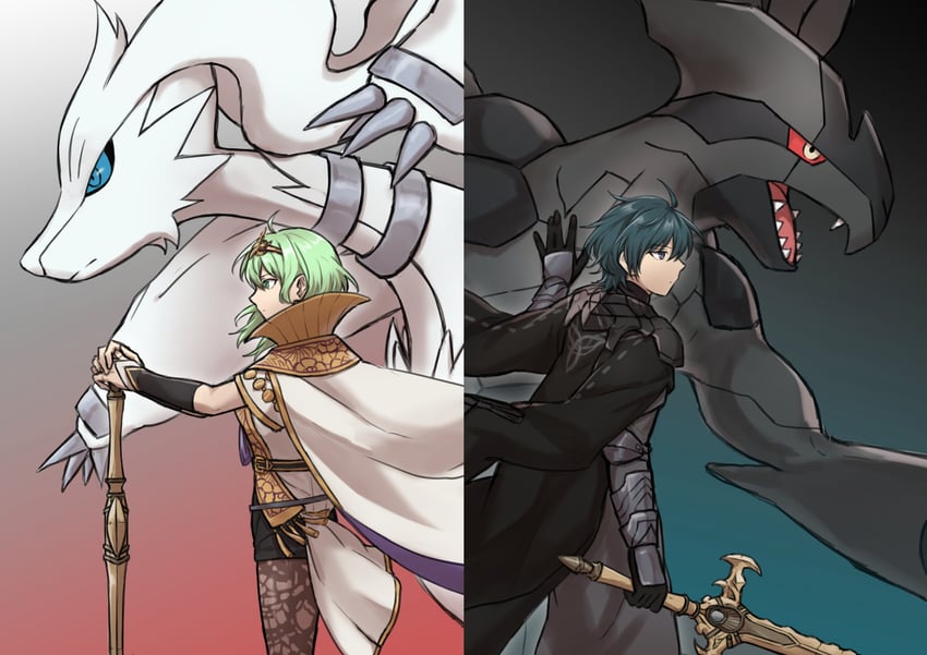 male byleth, female byleth, reshiram, and zekrom (pokemon and 2 more) drawn by zuzu_(ywpd8853)