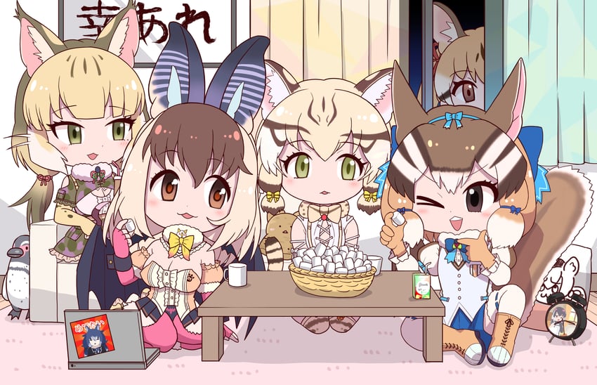 brown long-eared bat, siberian chipmunk, jungle cat, geoffroy's cat, and large-spotted genet (kemono friends and 1 more) drawn by rakugaki_arai
