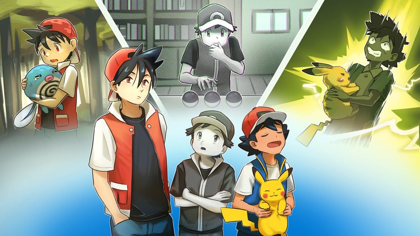 pikachu, ash ketchum, red, and poliwag (pokemon and 3 more) drawn by iriknight