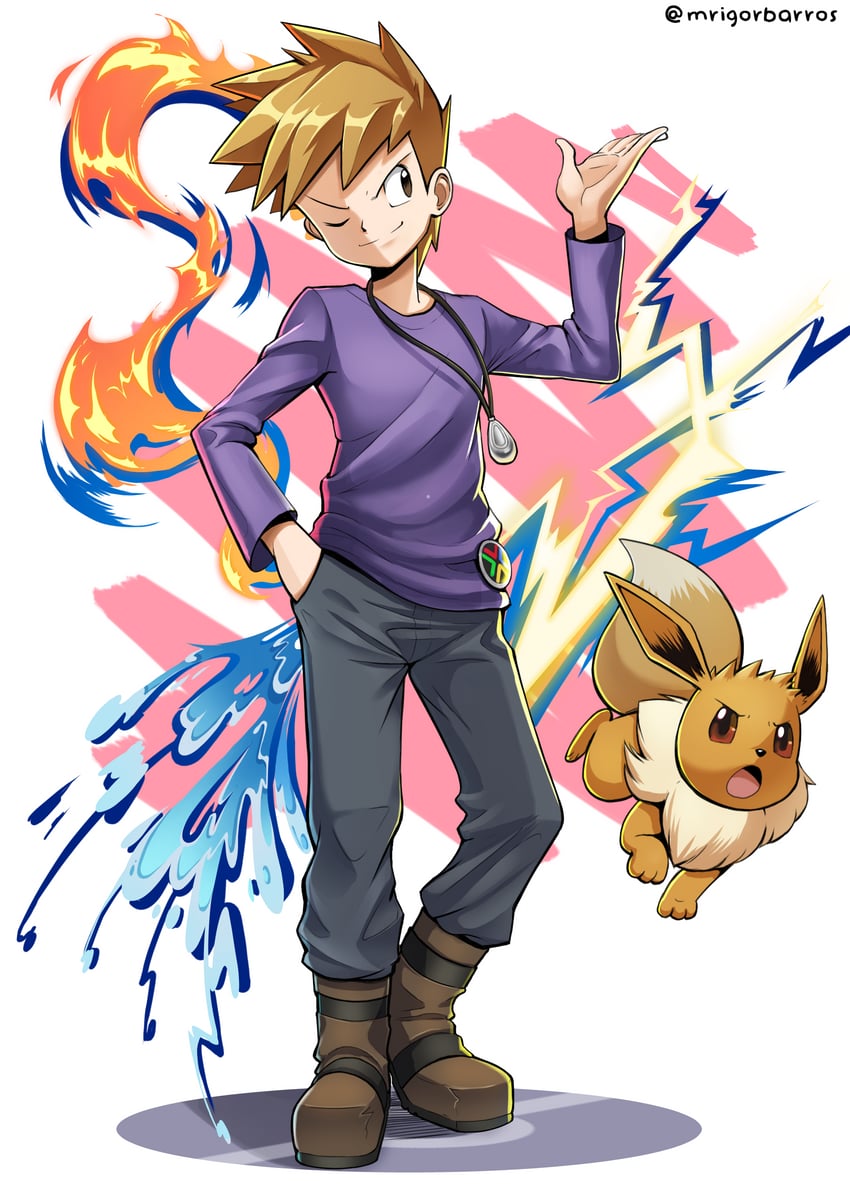 eevee and blue oak (pokemon and 1 more) drawn by mr.thunderigor