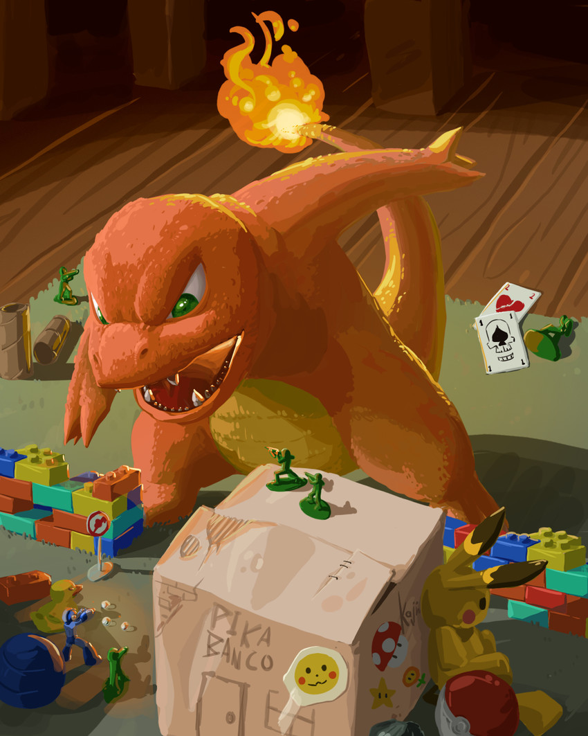 pikachu, charmander, and mega man (pokemon and 3 more) drawn by kajin_(kajinman)