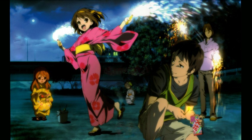suzumiya haruhi, nagato yuki, asahina mikuru, kyon, and koizumi itsuki (suzumiya haruhi no yuuutsu)