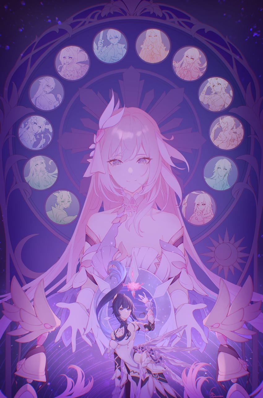 raiden mei, fu hua, elysia, yae sakura, mobius, and 9 more (honkai and 1 more) drawn by catandcrumbles