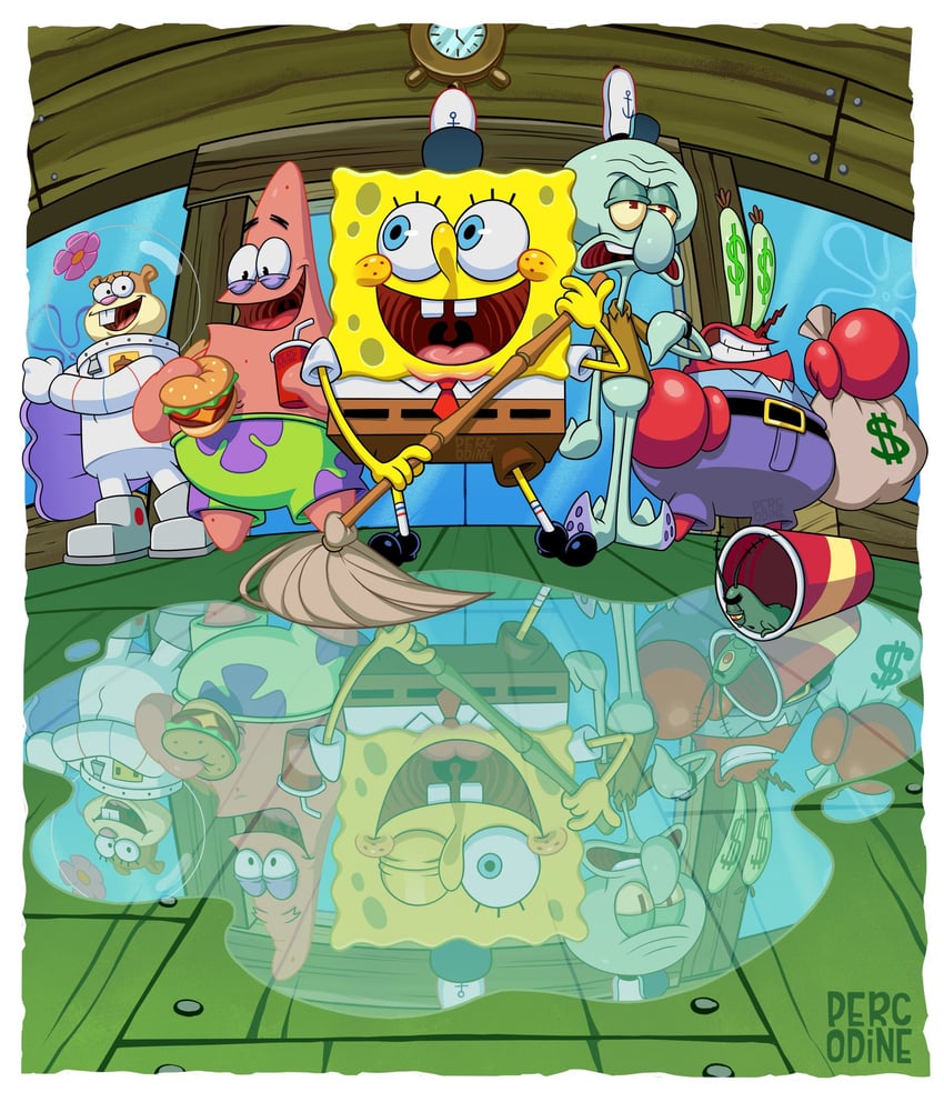 spongebob squarepants, patrick star, squidward tentacles, mr. krabs, plankton, and 1 more (spongebob squarepants) drawn by percodine