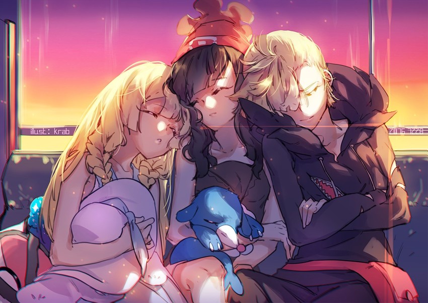 lillie, selene, gladion, and popplio (pokemon and 1 more) drawn by krab_(fumekrab)