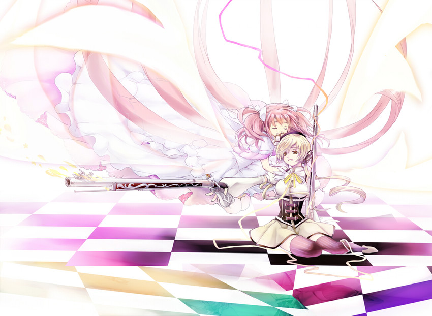 kaname madoka, tomoe mami, and ultimate madoka (mahou shoujo madoka magica) drawn by oka_(umanihiki)