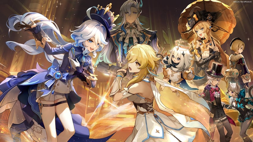 lumine, furina, paimon, neuvillette, navia, and 3 more (genshin impact) drawn by quinny_il