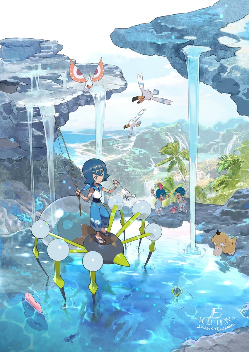 lana, psyduck, wingull, luvdisc, wishiwashi, and 7 more (pokemon and 1 more) drawn by e_volution