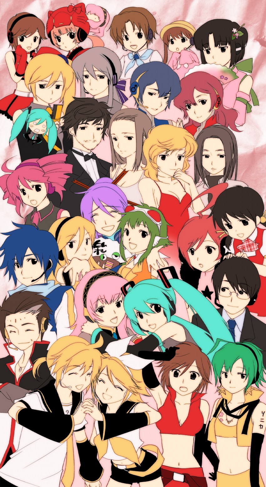 hatsune miku, kagamine rin, kagamine len, megurine luka, kasane teto, and 24 more (vocaloid and 2 more) drawn by mouri