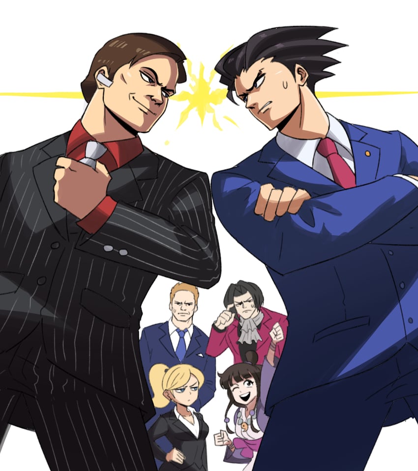 phoenix wright, miles edgeworth, maya fey, saul goodman, kim wexler, and 1 more (ace attorney and 2 more) drawn by tina_fate
