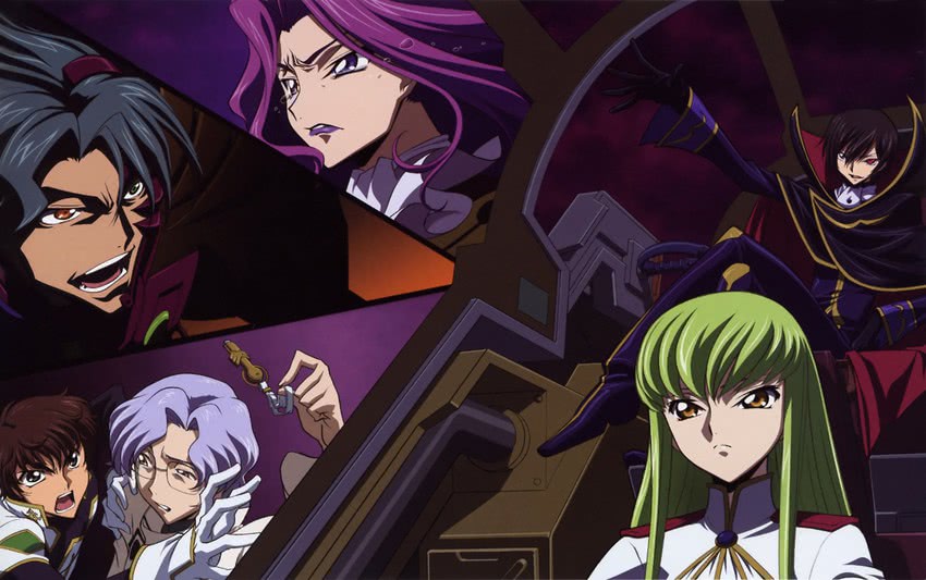 c.c., lelouch vi britannia, kururugi suzaku, cornelia li britannia, jeremiah gottwald, and 1 more (code geass)