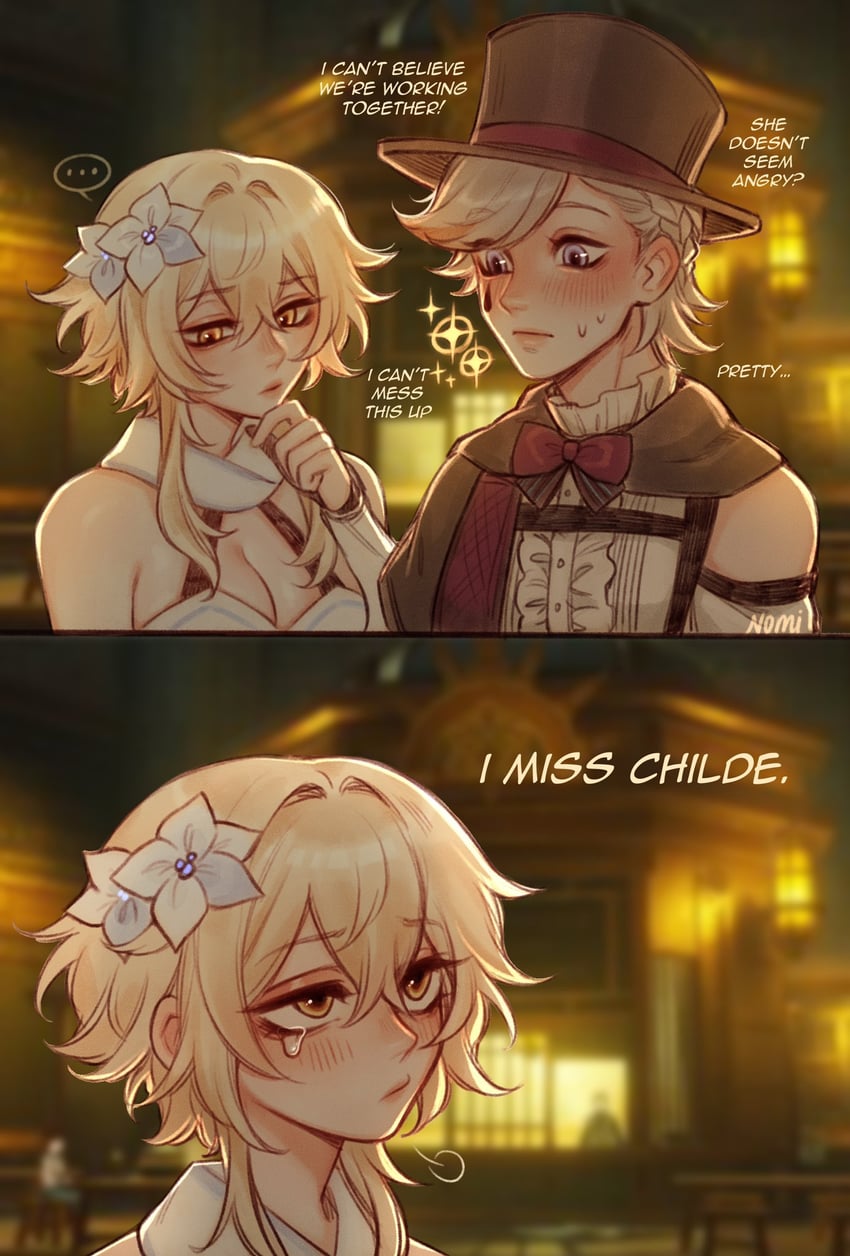 lumine, tartaglia, and lyney (genshin impact) drawn by nomi_owo