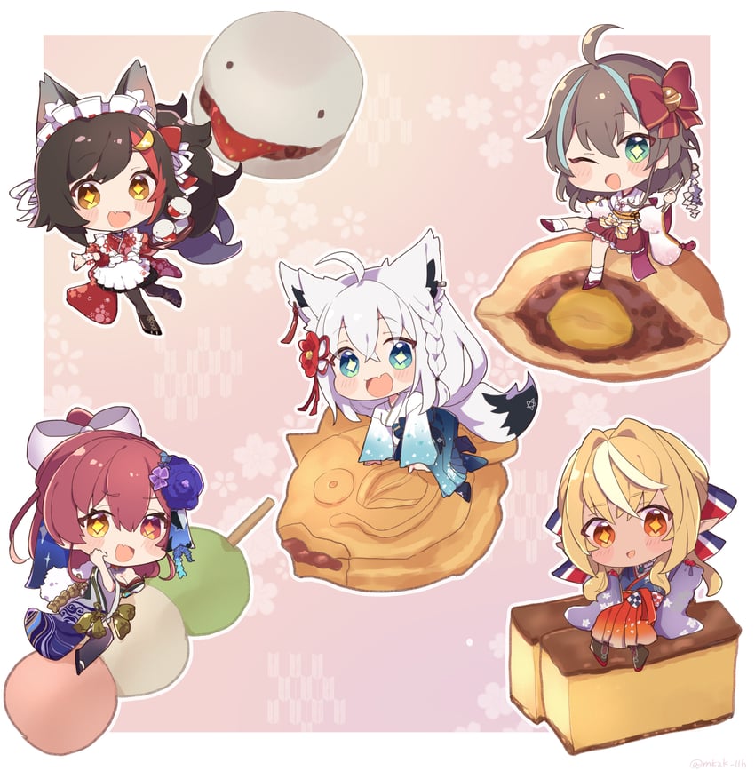 houshou marine, shirakami fubuki, ookami mio, shiranui flare, and natsuiro matsuri (hololive) drawn by jinra_(mkzk_116)