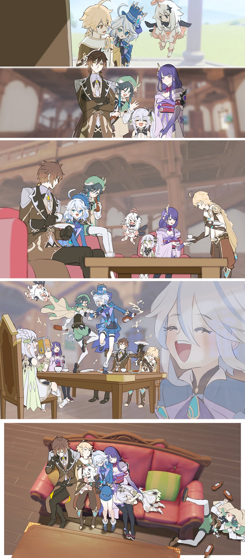 raiden shogun, aether, furina, nahida, zhongli, and 2 more (genshin impact) drawn by yufei_lin
