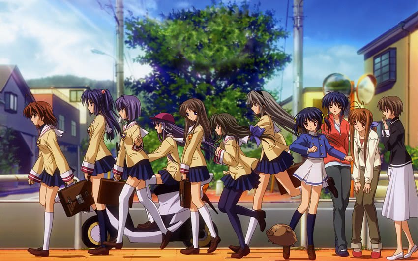 furukawa nagisa, fujibayashi kyou, ibuki fuuko, sakagami tomoyo, ichinose kotomi, and 7 more (clannad)