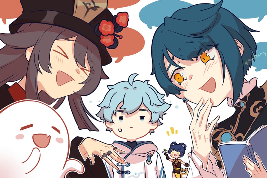 hu tao, boo tao, xingqiu, chongyun, xiangling, and 1 more (genshin impact) drawn by mujintou_png