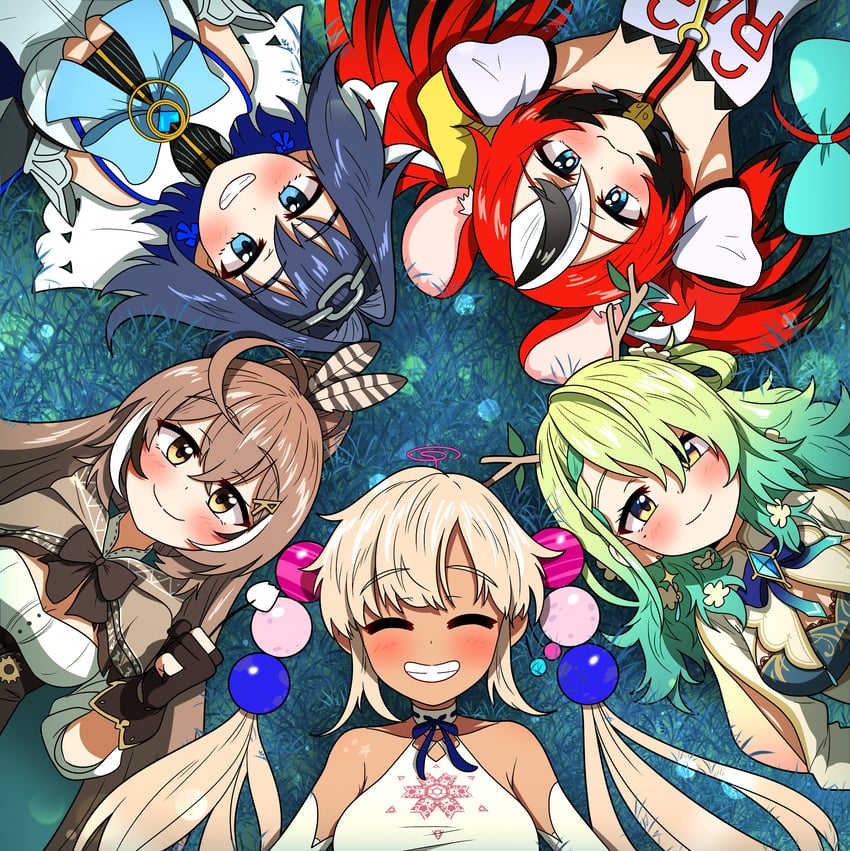 ouro kronii, nanashi mumei, hakos baelz, ceres fauna, and tsukumo sana (hololive and 1 more) drawn by ddolbang