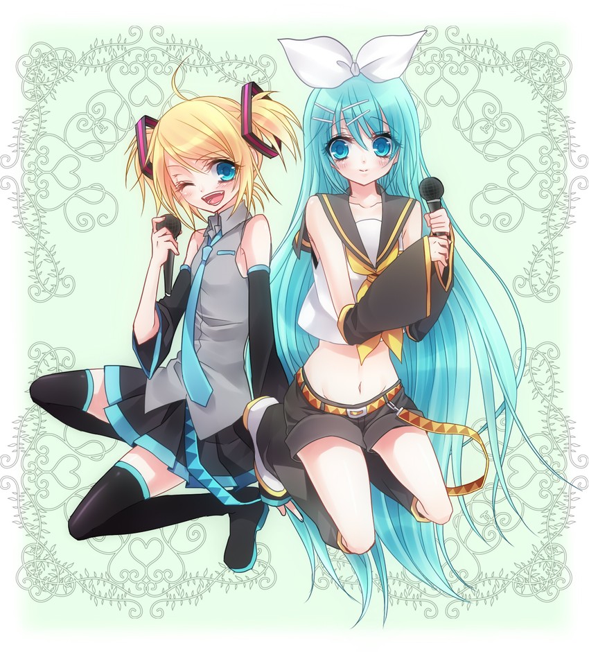 hatsune miku and kagamine rin (vocaloid) drawn by sakuragi_mikan