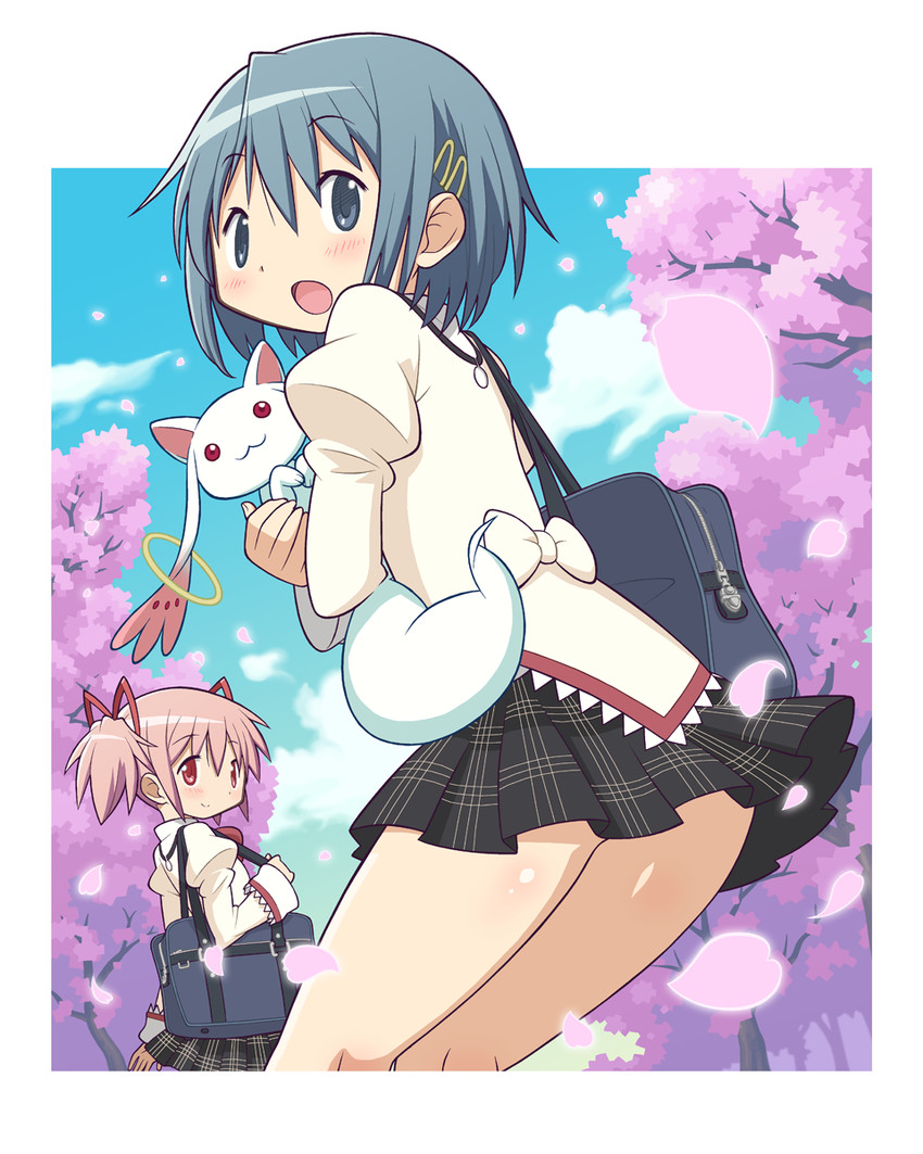 kaname madoka, miki sayaka, and kyubey (mahou shoujo madoka magica) drawn by gecchu