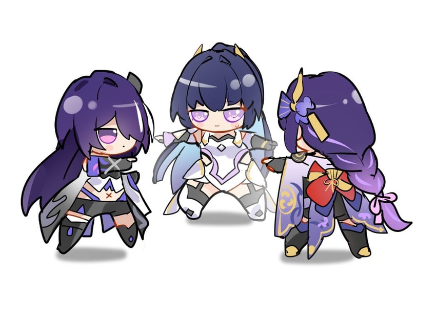 raiden shogun, acheron, raiden mei, and sawashiro miyuki (genshin impact and 6 more) drawn by grape_(grapedraws)