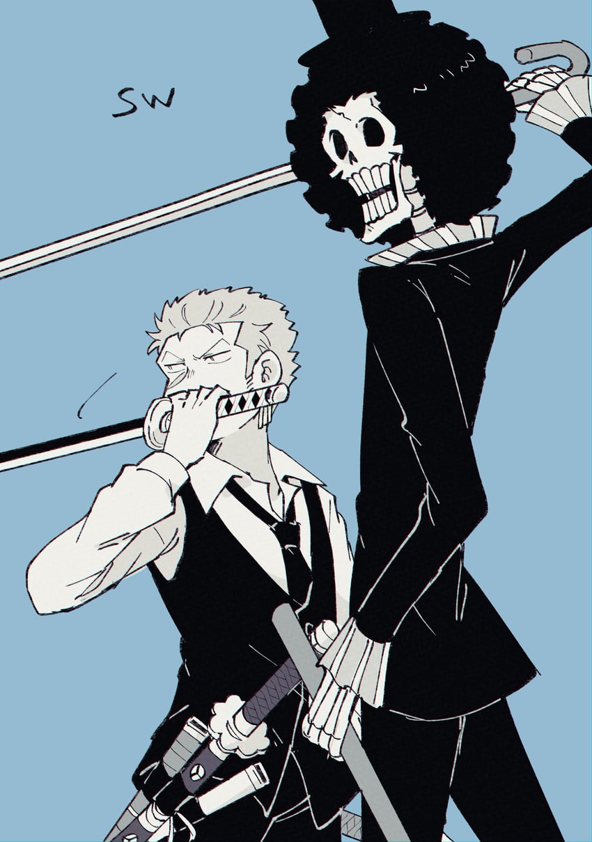 roronoa zoro and brook (one piece) drawn by mokonako