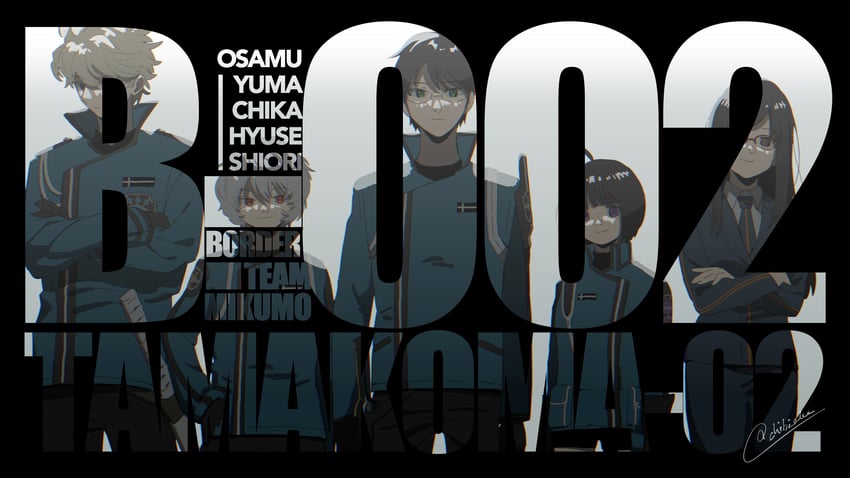 amatori chika, kuga yuuma, mikumo osamu, hyuse, and usami shiori (world trigger) drawn by chibi_ake