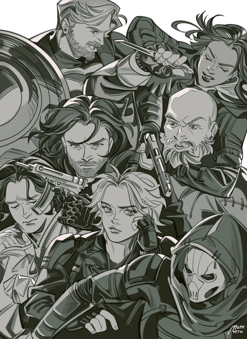bucky barnes, winter soldier, sentry, yelena belova, taskmaster, and 3 more (marvel and 2 more) drawn by motteteto