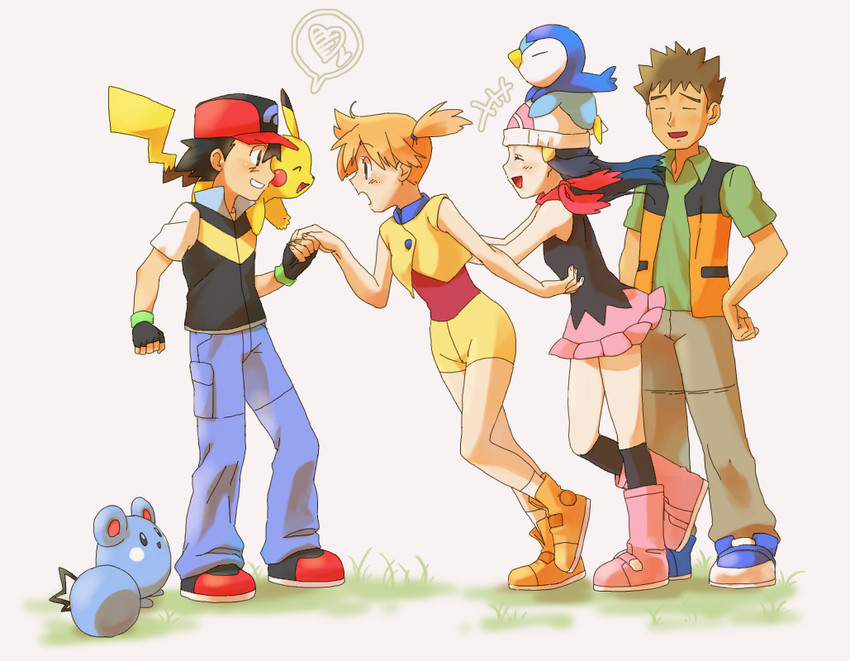 pikachu, dawn, ash ketchum, misty, piplup, and 2 more (pokemon and 2 more) drawn by d-nezumi