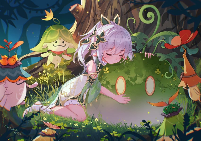 nahida, slime, aranara, arama, arapandu, and 3 more (genshin impact) drawn by yulia_miro