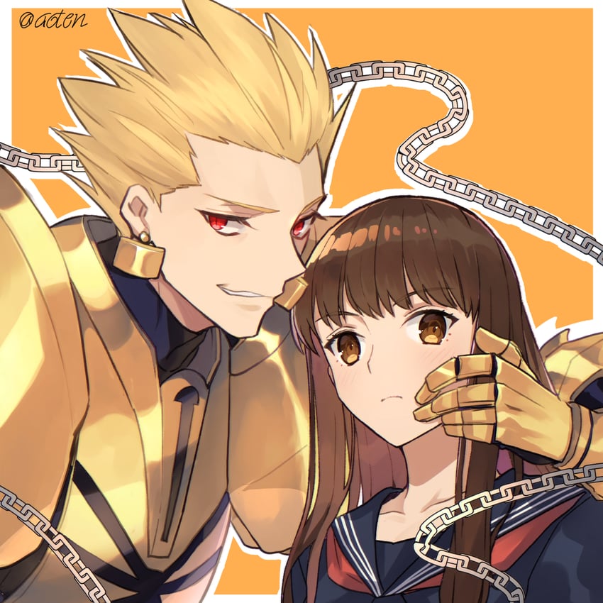 gilgamesh and kishinami hakuno (fate and 2 more) drawn by aoten_(aoiroarekore)