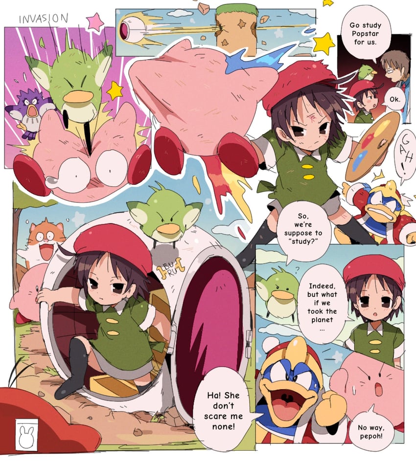 kirby, king dedede, waddle doo, kine, rick, and 3 more (dragon ball and 3 more) drawn by bendedede