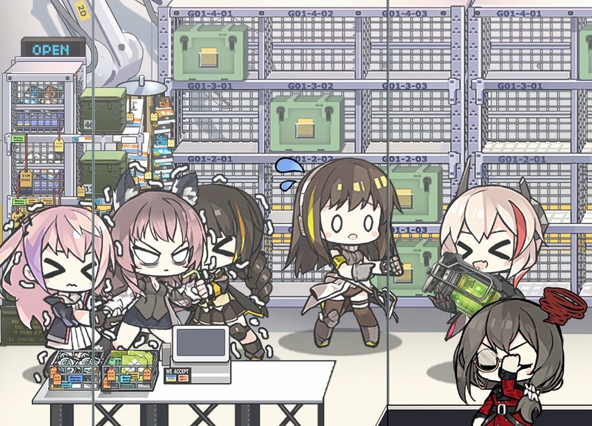 m16a1, m4a1, m4 sopmod ii, st ar-15, helianthus, and 1 more (girls' frontline) drawn by the_mad_mimic