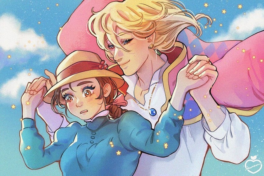 howl pendragon and sophie hatter (howl no ugoku shiro) drawn by munrou