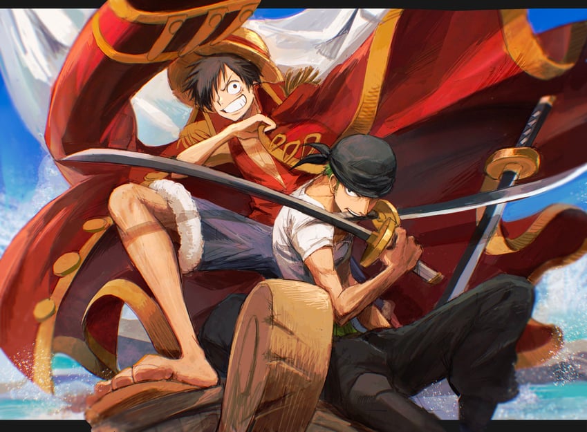 monkey d. luffy and roronoa zoro (one piece) drawn by oekakiboya