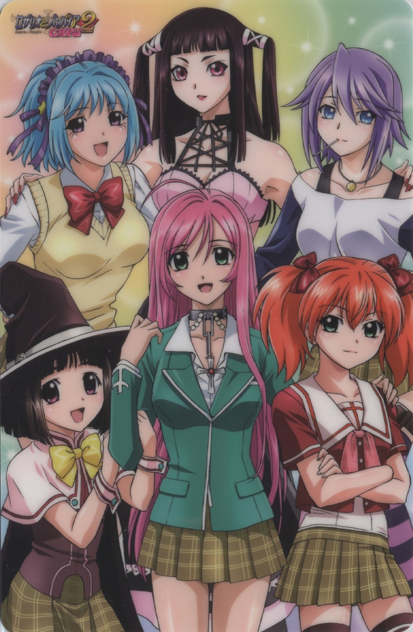 akashiya moka, shirayuki mizore, kurono kurumu, sendou yukari, toujou ruby, and 1 more (rosario+vampire) drawn by fujita_mariko