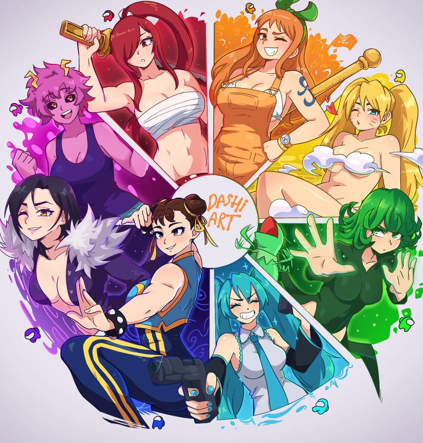 hatsune miku, chun-li, nami, tatsumaki, ashido mina, and 13 more (vocaloid and 11 more) drawn by dashi_(dashiart)