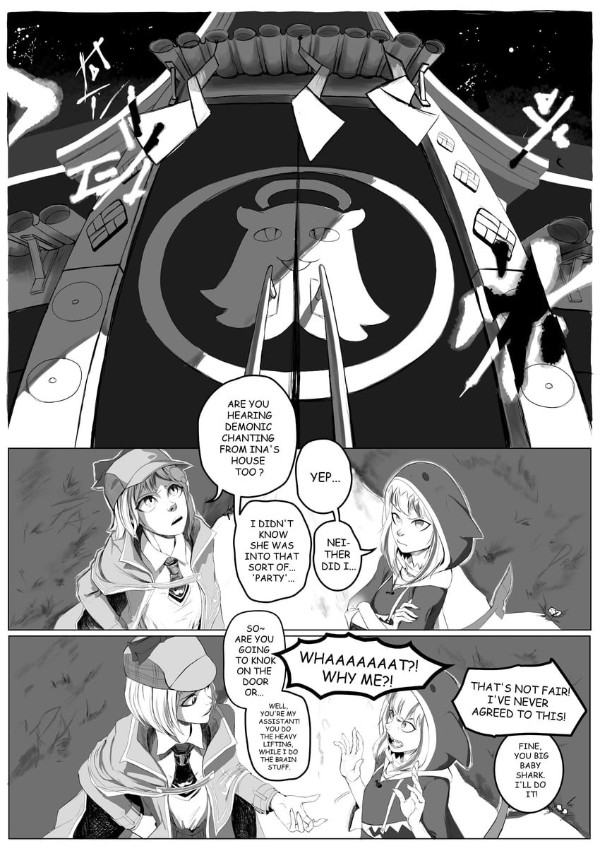 gawr gura, watson amelia, and takodachi (hololive and 1 more) drawn by drawinik