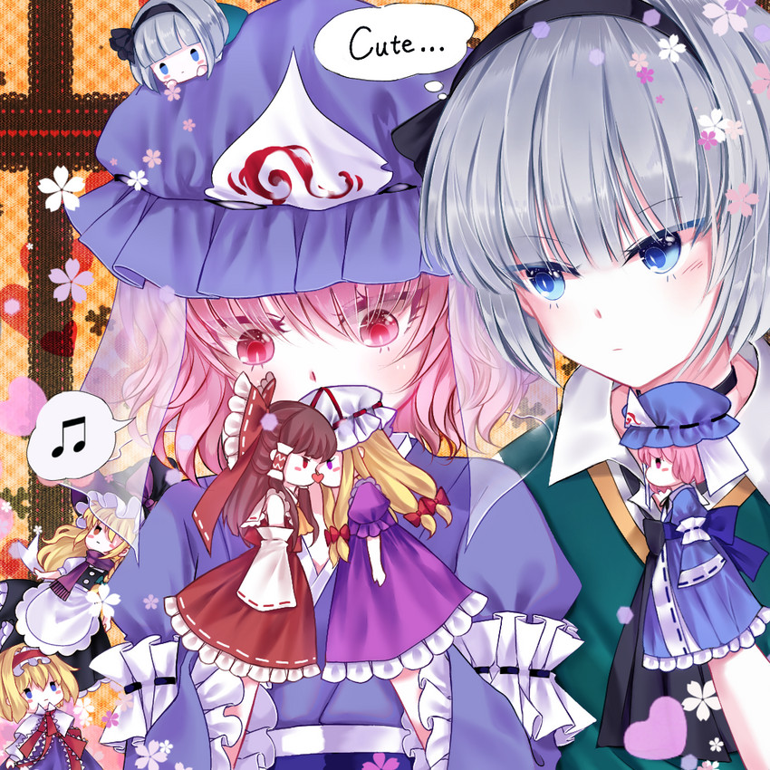 hakurei reimu, kirisame marisa, konpaku youmu, alice margatroid, yakumo yukari, and 1 more (touhou) drawn by yuki15775