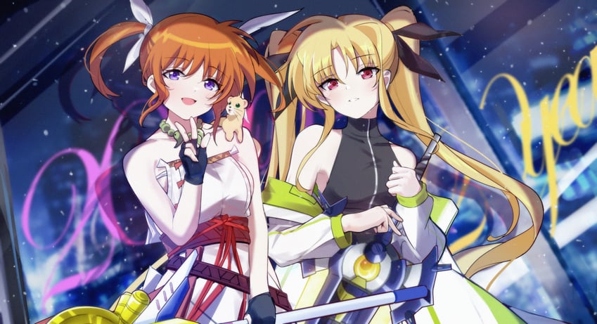 fate testarossa, takamachi nanoha, raising heart, bardiche, nagao kagetora, and 5 more (fate and 4 more) drawn by changpan_hutao