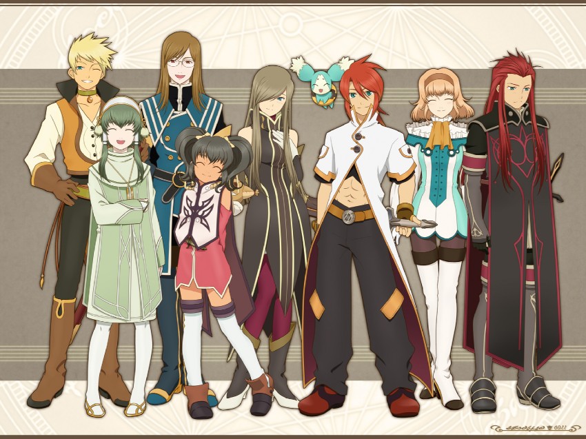 tear grants, luke fon fabre, anise tatlin, natalia luzu kimlasca lanvaldear, jade curtiss, and 5 more (tales of and 1 more) drawn by hanosuke