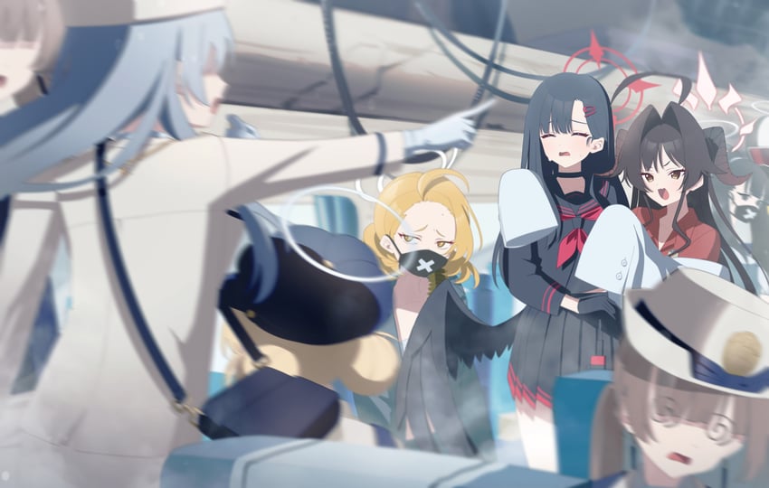 ichika, kasumi, sukeban, and highlander railway academy student (blue archive) drawn by kaerunrun