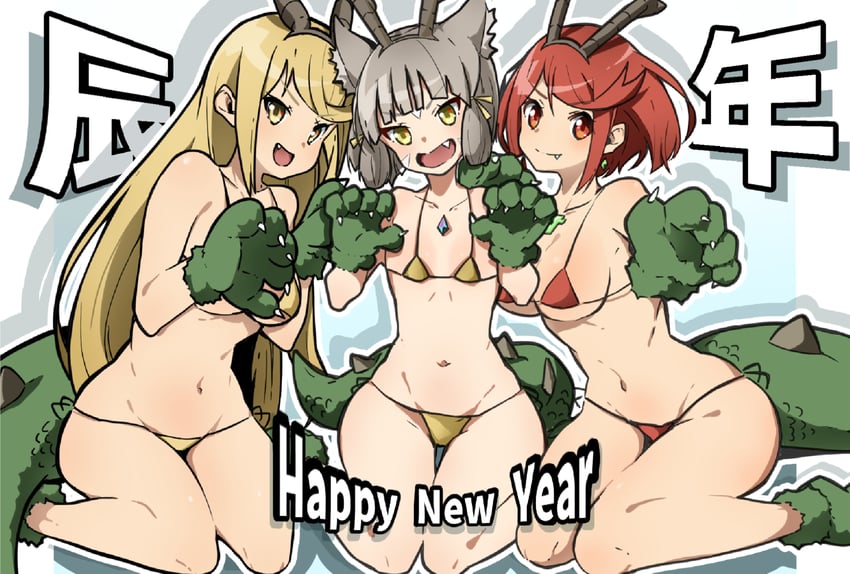 pyra, mythra, and nia (xenoblade chronicles and 1 more) drawn by highena