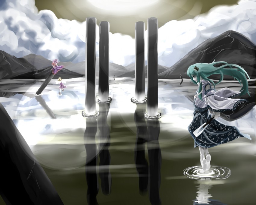 kochiya sanae, moriya suwako, and yasaka kanako (touhou) drawn by 8_(nec8484)