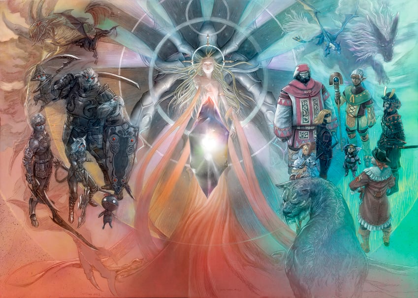 adventurer, white mage, paladin, ninja, dragoon, and 15 more (final fantasy and 1 more) drawn by arita_mitsuhiro
